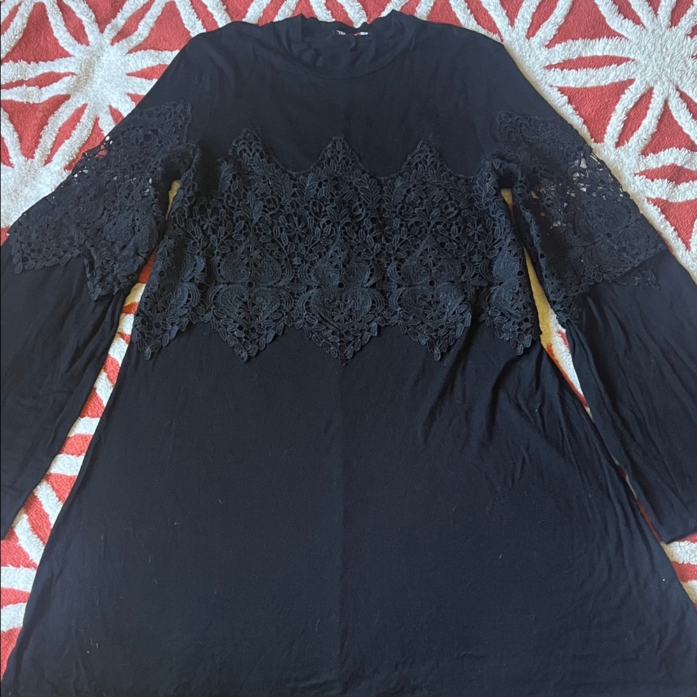 American Vintage Black Mini Dress with Lace Yoke